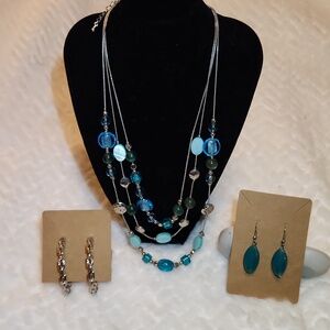 Vintage Blue Jewelry Bundle Layered Necklace, Hoop Earrings, Blue Stone Earrings